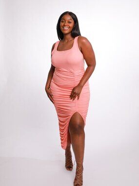 Plus Size Coral Dress with Front Shirred Slit